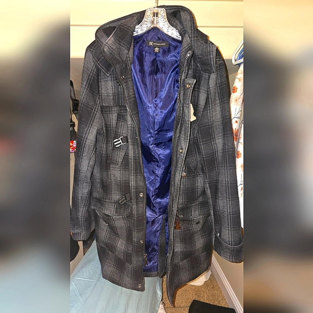 Men's INC Grey/Black Plaid Wool Metal-Buckled Peacoat // Size M